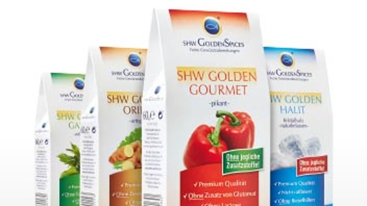 Vier Verpackungen von SHW Golden Spices Gewürzen mit verschiedenen Geschmacksrichtungen nebeneinander auf weißem Hintergrund.