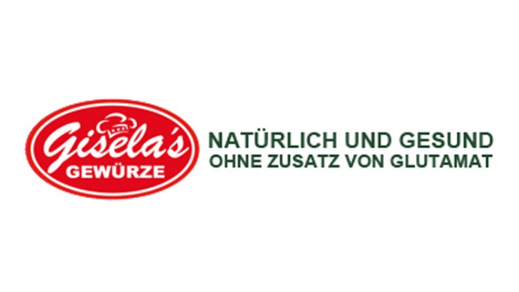 Rotes Logo mit weißem Schriftzug Gisela’s Gewürze, daneben der grüne Text Natürlich und gesund ohne Zusatz von Glutamat.