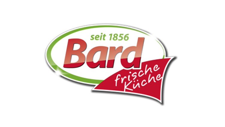 Logo mit grün-weißem Oval, Schriftzug „seit 1856 Bard“ in Rot und Grün, rotem Dreieck mit weißem Text „frische Küche“.