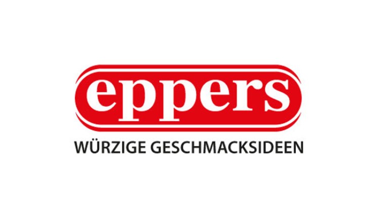 Das Logo zeigt den roten Schriftzug „eppers“ auf weißem Hintergrund mit dem Slogan „Würzige Geschmacksideen“ darunter in Schwarz.