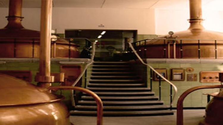 Große, glänzende Kupferkessel und Treppe mit Geländern in einer traditionellen Brauerei mit grünen Kacheln an den Wänden.
