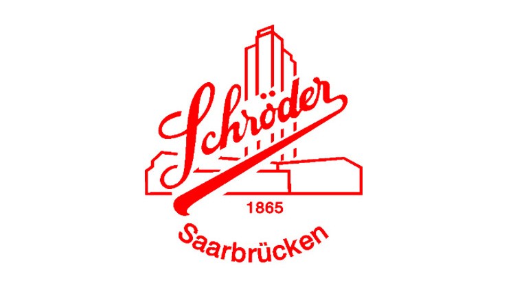 Rotes Logo mit Schriftzug Schröder, Jahreszahl 1865, Saarbrücken und stilisierter Gebäudeskizze im Hintergrund.