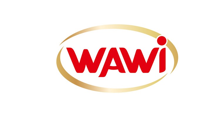 Roter Schriftzug WAWI in Großbuchstaben, umgeben von einem goldenen, ovalen Rahmen auf weißem Hintergrund.