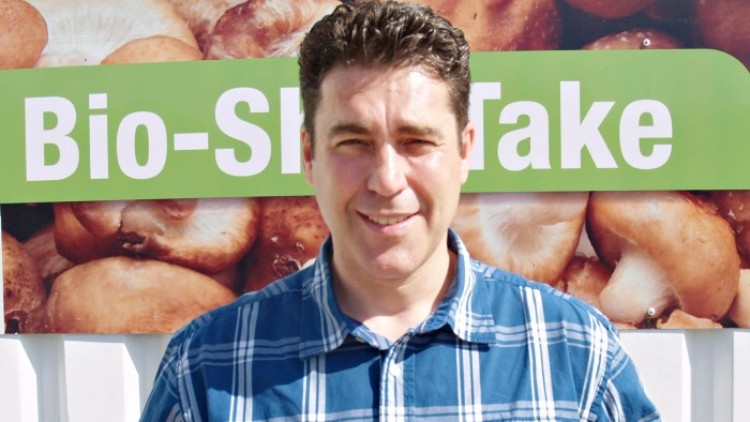 Person in blau-weiß kariertem Hemd hält zwei Körbchen mit Bio-Shiitake-Pilzen, Schriftzug \