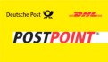 Gelbes Bild mit Schriftzügen Deutsche Post, DHL und POSTPOINT, das Wort POST in Schwarz und POINT in Rot hervorgehoben.
