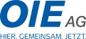 Blauer Schriftzug OIE AG mit grauem AG, darunter der blaue Text HIER. GEMEINSAM. JETZT.