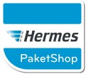 Weiß-blaues Hermes-Logo mit Text „Hermes“ in schwarzer Schrift und „PaketShop“ in weißer Schrift auf blauem Hintergrund.