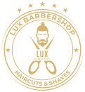 Goldenes Logo mit Text „LUX BARBERSHOP HAIRCUTS & SHAVES“, Bart-Abbildung, Scheren-Symbol und Sterne auf weißem Hintergrund.