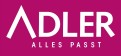 Weiße Schrift „ADLER“ und „ALLES PASST“ auf pinkem Hintergrund, wobei das „A“ als stilisiertes Dreieck dargestellt ist.