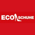 Weißer Schriftzug „ECO SCHUHE“ mit rotem Hintergrund, das O zeigt die Silhouette eines Schuhs mit Absatz.