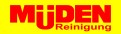Das Logo zeigt roten Text „MÜDEN“ und „Reinigung“ auf gelbem Hintergrund, wobei das „Ü“ als stilisierte Hemdenbügel gestaltet ist.