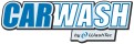 Weiße Grafik mit dem Schriftzug CAR WASH in blauer und schwarzer Schrift, darunter der Text by WashTec mit blauem Symbol.