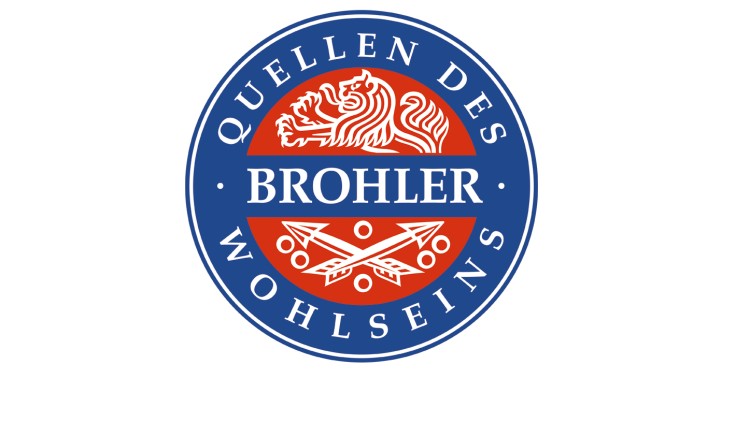 Blauer Kreis mit rotem Löwen und weißem Text „Quellen des Wohlseins Brohler“, darunter der Text „Trink Brohler. Fühl dich wohler.“