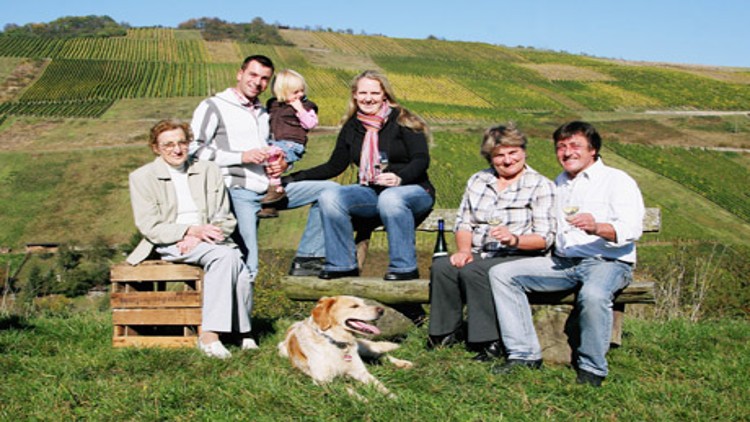 Sechs Personen sitzen auf Holzbänken vor einer Wiese mit Weinbergen, ein Hund liegt entspannt im Gras.