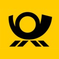 Schwarzes Posthorn-Symbol mit stilisiertem gelbem Hintergrund und horizontalen schwarzen Streifen darunter.