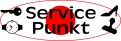 Schwarzer Schriftzug „Service Punkt“ mit roten und schwarzen Symbolen wie Schlüssel, Uhr, Stempel und Schuh auf weißem Hintergrund.