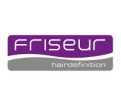 Logo mit lila Schrift „friseur“, darunter grauer Bereich mit weißem Text „hairdefinition“, beide Schriften klar und geschwungen.