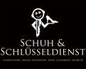 Schwarzes Logo mit weißem Schlüssel in Form eines lachenden Gesichts und einem Schuh, Text: Schuh & Schlüsseldienst.
