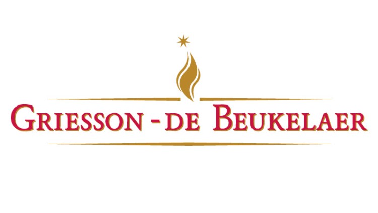 Roter Schriftzug „Griesson - de Beukelaer“ mit goldener Flamme in der Mitte und goldener Linie darüber und darunter.