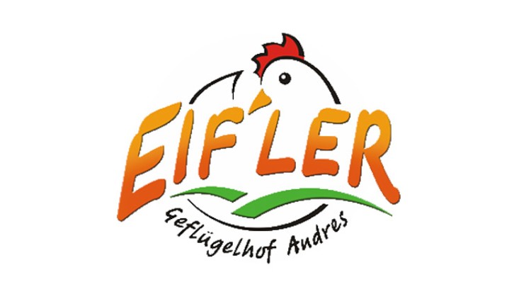 Das Logo zeigt einen stilisierten Hahnkopf mit rotem Kamm, orangem Schriftzug „EIFLER“ und Text „Geflügelhof Andres“ auf Grün.