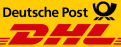 Schwarzer Schriftzug „Deutsche Post“ mit Posthorn und roter Schriftzug „DHL“ auf gelbem Hintergrund.