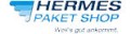 Logo von HERMES PAKET SHOP mit blauem Schriftzug und dem Slogan „We‘ve got ambient“ in Grau auf weißem Hintergrund.
