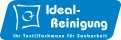Weißer Schriftzug „Ideal-Reinigung, Ihr Textilfachmann für Sauberkeit“ auf blauem Hintergrund mit stilisiertem Kissen-Symbol.