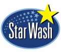 Blaues ovales Logo mit Schriftzug Star Wash, gelbem Stern oben rechts und kleineren weißen Sternen links im Hintergrund.