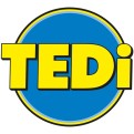 Gelbes TEDi-Logo mit blauem Hintergrund in einem gelben und weißen Kreis mit einer leichten Schattierung oben rechts.