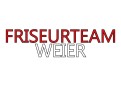Roter Schriftzug „FRISEURTEAM“ oberhalb von weißem Schriftzug „WEIER“ mit schwarzen Umrissen auf weißem Hintergrund.