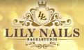 Auf goldenem Hintergrund ist das Logo von Lily Nails Nagelstudio mit verzierten Mustern, Krone und Schriftzug zu sehen.