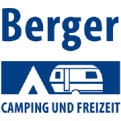 Blaues Logo mit weißem Wohnwagen und Zelt, darüber steht „Berger“, darunter „CAMPING UND FREIZEIT“ in Großbuchstaben.