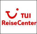 Rotes TUI Logo mit geschwungener Linie und Punkt, darunter der Schriftzug „TUI ReiseCenter“ in roter Schrift auf weißem Hintergrund.
