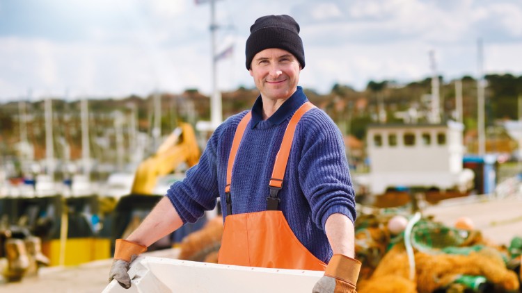 Person in blauer Kleidung und orangefarbener Schürze hält eine Kiste mit frischem Fisch, im Hintergrund ein Fischerhafen.