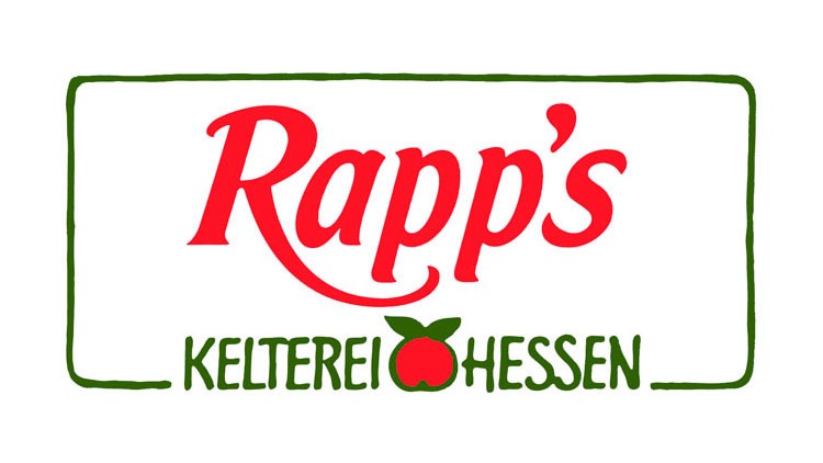 Das Logo zeigt roten Schriftzug Rapp's, grünen Text Kelterei Hessen und ein rotes Apfel-Symbol mit grünem Blatt darunter.