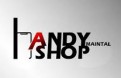 Schwarzer Schriftzug „HANDY SHOP MAINTAL“ mit rotem „A“, links stilisierte Darstellung eines Smartphones auf grauem Hintergrund.
