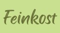 Hellgrüner Hintergrund mit dem braunen Schriftzug Feinkost in geschwungener, handschriftähnlicher Schriftart.