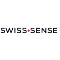 Schwarzer Schriftzug SWISS SENSE mit rotem Diamant zwischen den Wörtern auf weißem Hintergrund.