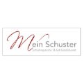 Logo mit rotem Schriftzug Mein Schuster, darunter in Grau der Text Schuhreparatur & Schlüsseldienst auf weißem Hintergrund.