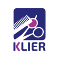 Lila Schere und Kamm mit weißem Griff auf dunkelblauem Hintergrund, darunter lila-blauer Schriftzug „KLIER“.
