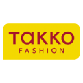 Das Logo zeigt den roten Schriftzug TAKKO FASHION auf gelbem Hintergrund mit abgerundeten Ecken.