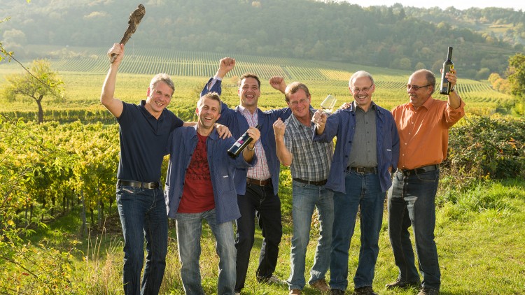 Sechs Personen stehen in einem grünen Weinberg, halten Weinflaschen und Gläser in den Händen und feiern fröhlich.