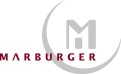 Graues „M“-Symbol in der Mitte eines grauen Kreises, darunter steht in dunkelroter Schrift „MARBURGER“.