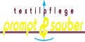 Das Bild zeigt ein Logo mit dem Text „textilpflege prompt & sauber“ in Rot und Gelb mit blauen und roten Linien.