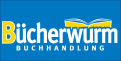 Das Logo zeigt den Schriftzug Bücherwurm Buchhandlung in Gelb und Weiß auf blauem Hintergrund, mit einer offenen Buchgrafik.