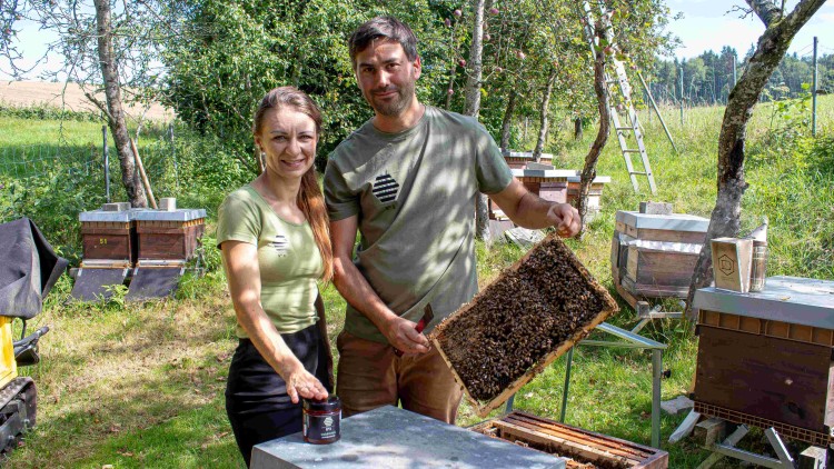 Zwei Personen stehen bei Bienenstöcken, eine hält eine Wabe mit Bienen, die andere hat die Hand auf einem Glas.