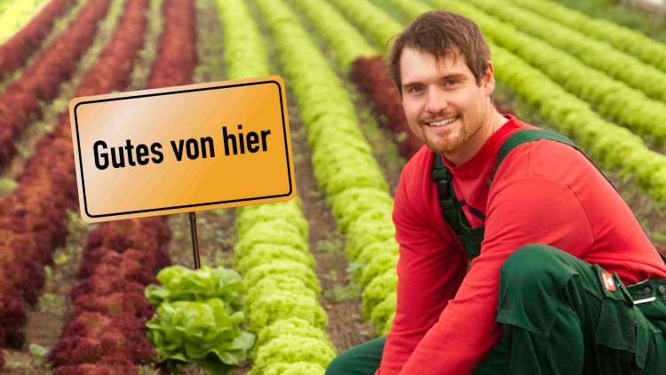 Person in roter Kleidung und grüner Latzhose kniet zwischen Salatreihen in einem Gewächshaus, Schild mit „Gutes von hier“ im Vordergrund.