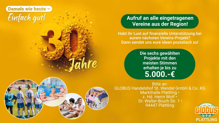 Gelbes Design mit „30 Jahre“ aus goldenen Konfetti, Text zu einer Vereinsförderung und Abbildung von Sport- und Freizeitaktivitäten.