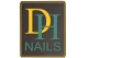 Schwarzes rechteckiges Logo mit gelbem „D“, grünem „H“ und dem Schriftzug „NAILS“ in grüner Farbe, umrandet von einem goldenen Rand.