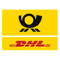 Gelbe Fläche mit schwarzem Posthorn oben und darunter rotem DHL-Schriftzug mit roten Linien rechts und links.